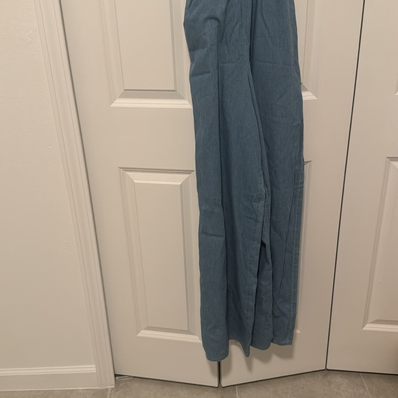 Light Denim Halter Tie Jumpsuit w/ Pockets - Picture 2 of 6